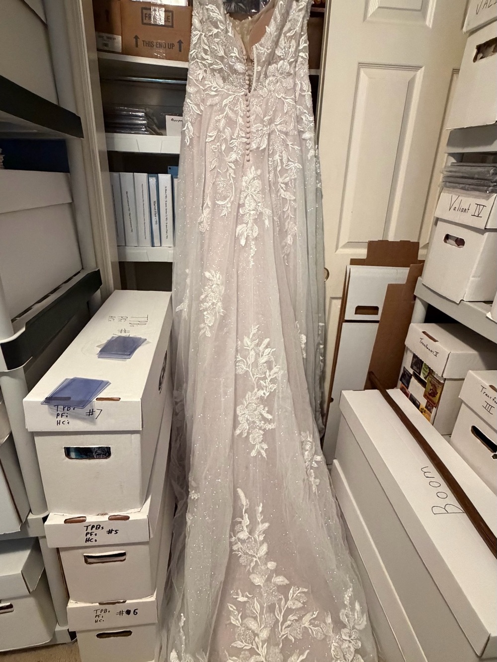 Elegant Lace Appliqué Tulle Gown Silver with Blush Underlay